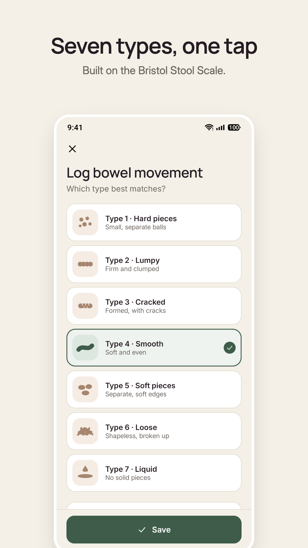 Gut Elements logging screen showing seven stool-type choices, the entry time and Save button.