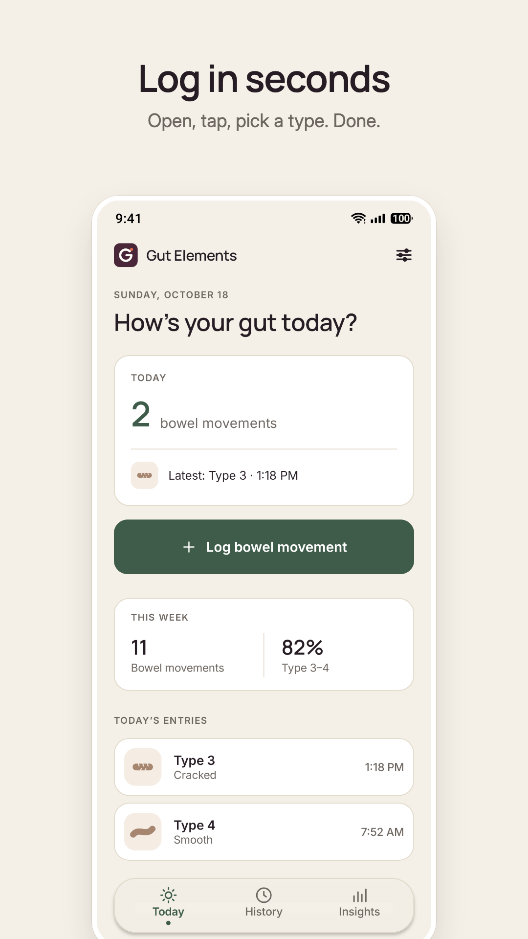 Gut Elements Today screen with an example count, recent entries and a prominent Log bowel movement button.