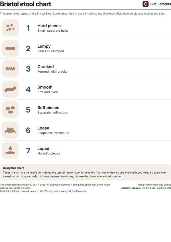 Preview of the Gut Elements printable Bristol stool chart: the seven stool types with simple drawings and plain-words descriptions on one page.